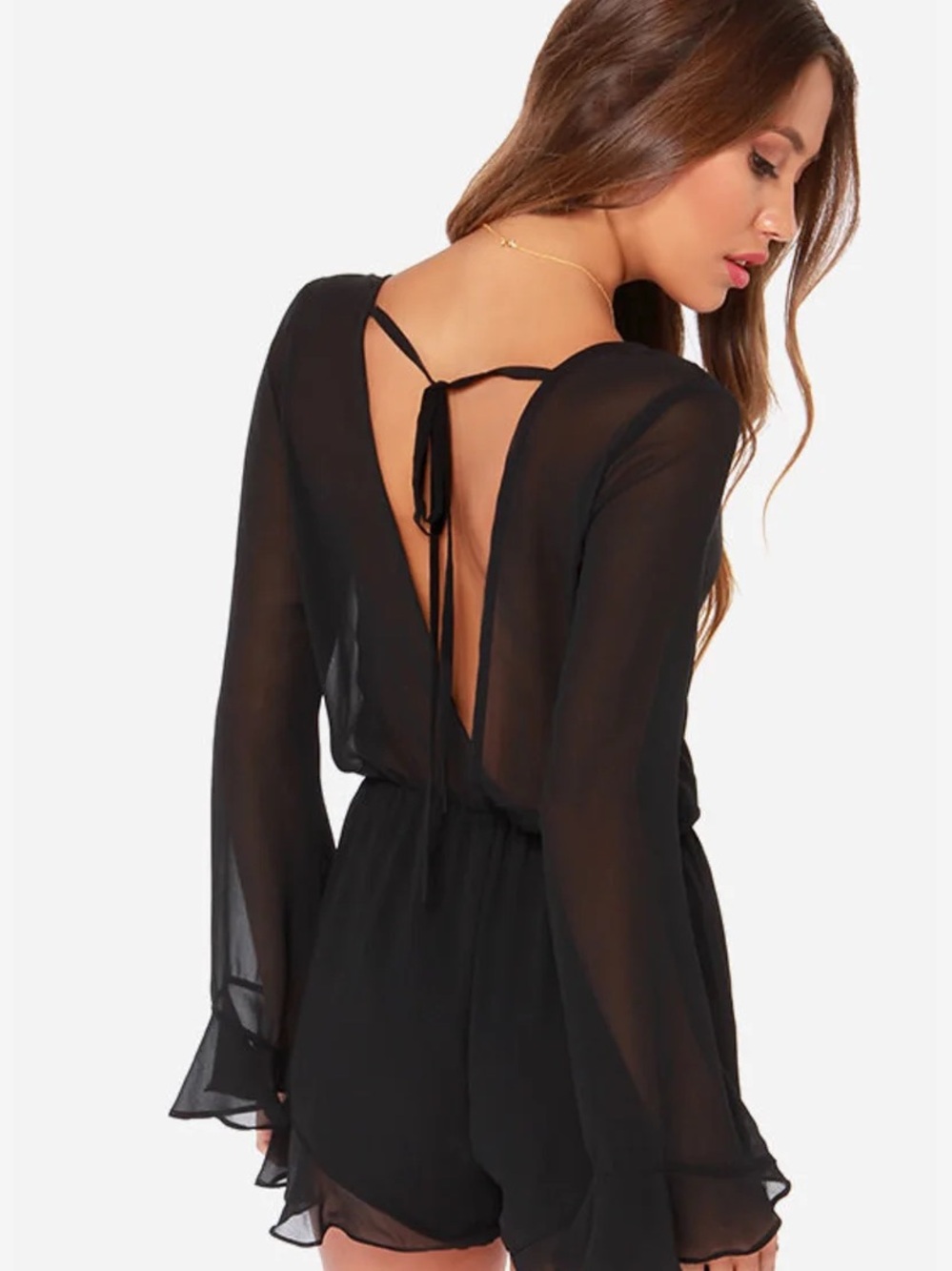 ANGL Black Sheer Back-Tie Long Sleeve Romper Dress Small